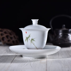 Bamboo on White Gaiwan and Tea Boat for Elegant Gong Fu Tea Brewing